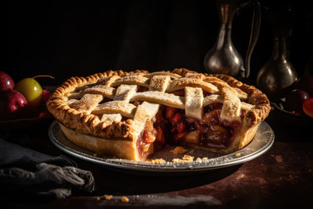 Homemade plum pie on a dark background. Selective focus.の素材