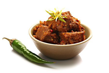 Beef stew in bowl isolated on white background. Indian food.の素材
