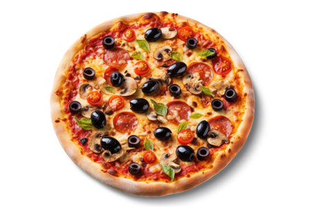Pizza with olives isolated on white background. Top view.の素材