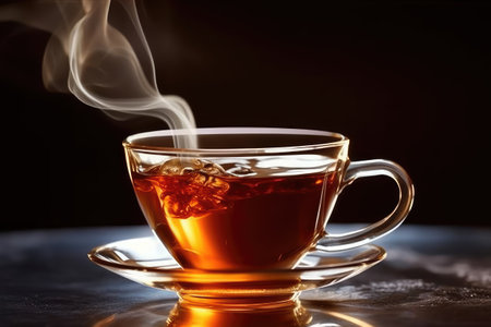 Cup of tea with ice cubes and smoke on dark background.の素材