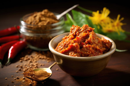 chilli paste in a bowl on a wooden table with chili peppersの素材