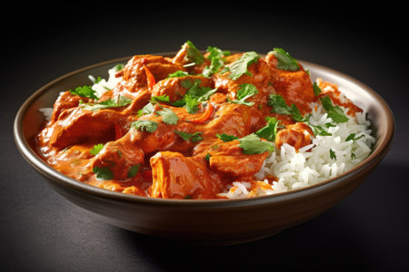 Chicken tikka masala with rice in bowl on black backgroundの素材