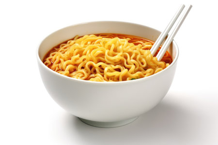 Instant noodles in bowl with chopsticks on white background. Isolatedの素材