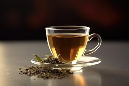 Cup of tea with dry tea leaves on table against blurred backgroundの素材