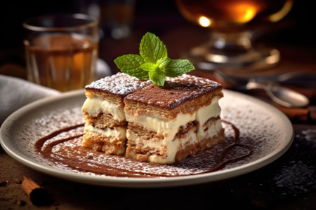 Tiramisu - traditional Italian dessert on a dark background.の素材