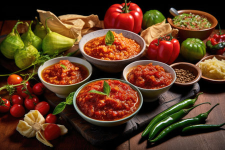 Spicy chili sauce in bowl on wooden table with ingredients for cookingの素材
