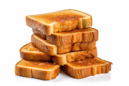 Slices of toasted bread isolated on a white background.の素材