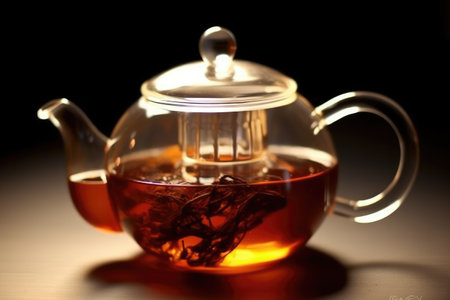 Teapot and cup of black tea on a dark background.の素材