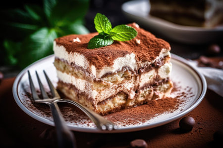 Tiramisu cake on a plate with mint leaves. Toned.の素材