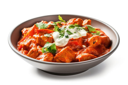 Indian Chicken Tikka Masala in a bowl isolated on white backgroundの素材