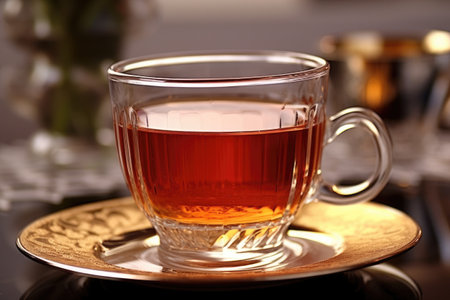 Cup of tea on a table in a cafe, close-upの素材