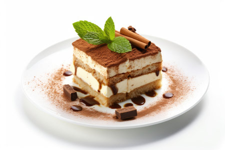 Tiramisu Cake with Chocolate Sauce and Mint Leaves on White Plateの素材