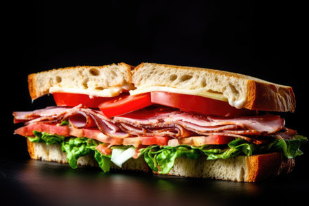 Sandwich with ham, cheese, tomato and lettuce on black backgroundの素材