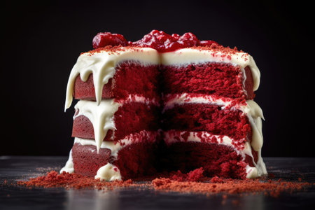 Red velvet cake on a black background. Shallow depth of field.の素材