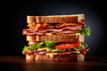 Sandwich with bacon, cheese, tomato and lettuce on black backgroundの素材