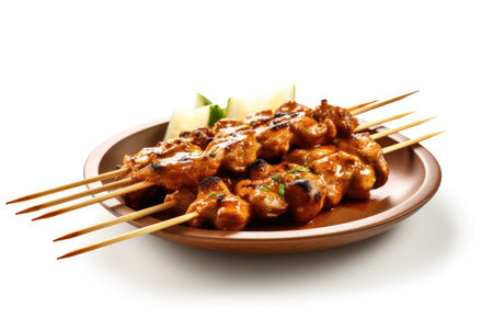 Chicken Satay on a Plate Isolated on a White Background.の素材