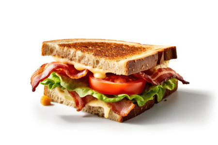 Sandwich with ham, cheese, tomato and lettuce isolated on white backgroundの素材