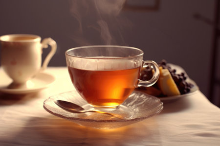 Cup of tea with cookies on table in morning light, closeupの素材