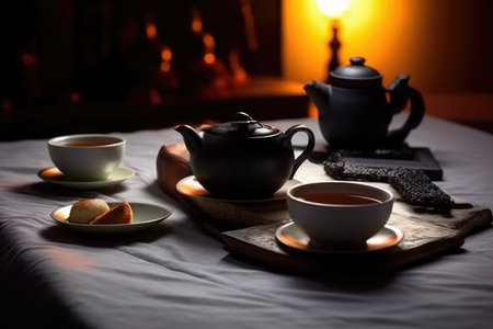 Cup of tea and teapot on the bed in the darkの素材