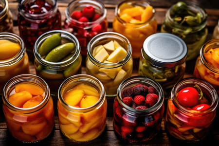 photo of canned fruit in the table kitchen AI Generatedの素材