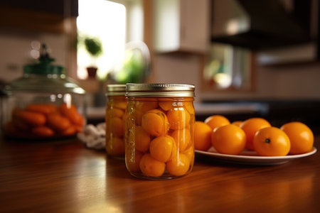 photo of canned fruit in the table kitchen AI Generatedの素材