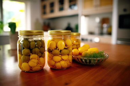 photo of canned fruit in the table kitchen AI Generatedの素材