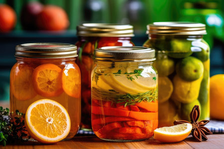 photo of canned fruit in the table kitchen AI Generatedの素材