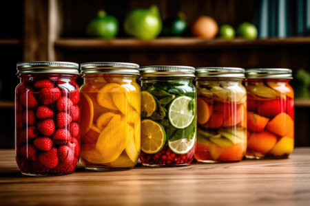 photo of canned fruit in the table kitchen AI Generatedの素材