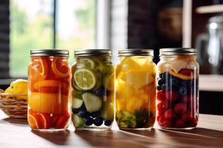 photo of canned fruit in the table kitchen AI Generatedの素材