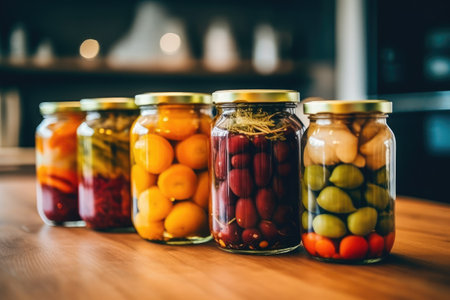 photo of canned fruit in the table kitchen AI Generatedの素材