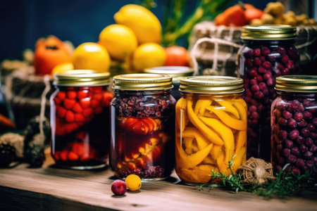photo of canned fruit in the table kitchen AI Generatedの素材