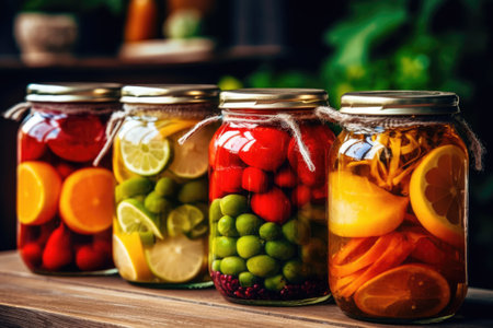 photo of canned fruit in the table kitchen AI Generatedの素材