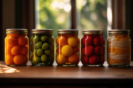 photo of canned fruit in the table kitchen AI Generatedの素材