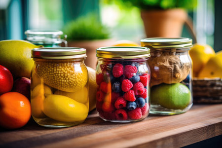 photo of canned fruit in the table kitchen AI Generatedの素材