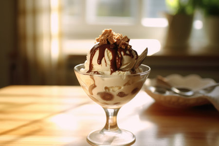 photo of chocolate sundae in kitchen table AI Generatedの素材
