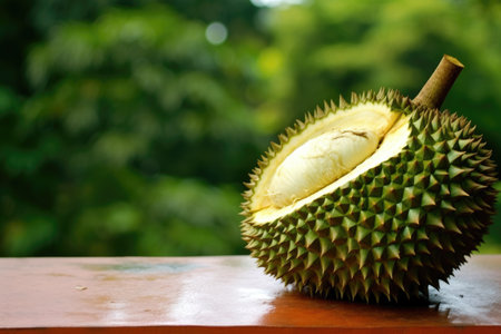 Durian fruit on wood table with nature background. Durian is the king of fruit.の素材