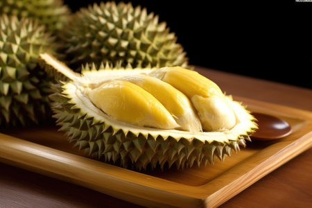 Fresh durian on wooden plate with black background, Durian is the king of fruit.の素材