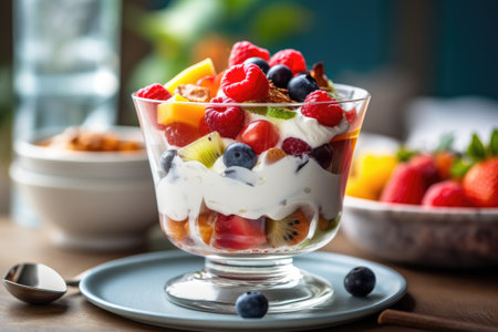 photo of fruit salad with yogurt in the kitchen table AI Generatedの素材