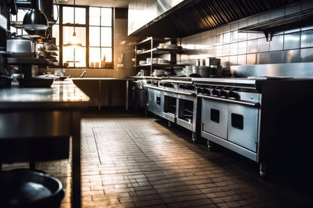 photo of empty inside restaurant kitchen view AI Generatedの素材