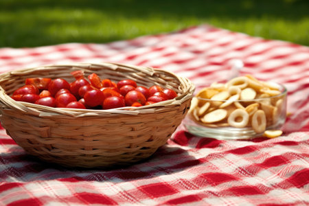 cherry in a basket on a checkered picnic tableclothの素材