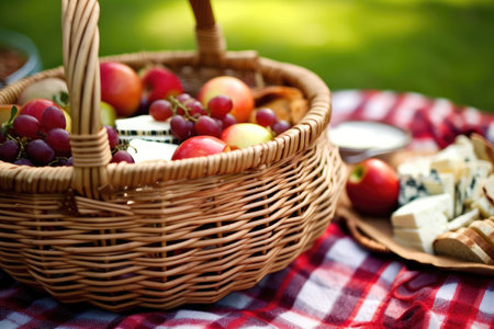 Picnic Basket with Apples, Cheese, Bread and Wineの素材