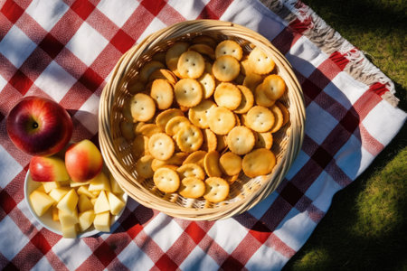 Picnic basket with crackers and apples on a checkered tableclothの素材