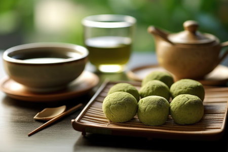 photo of mochi green tea in the kitchen table Generated AIの素材