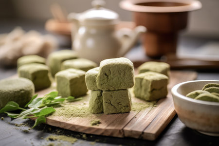 photo of mochi green tea in the kitchen table Generated AIの素材