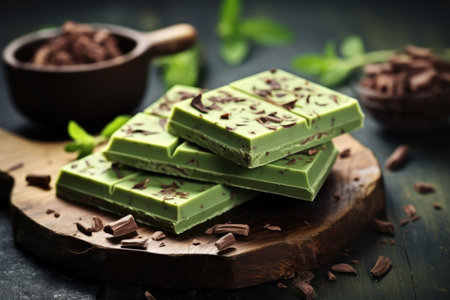 stock photo of green tea chocolate bar in kitchen table food photography Generated AIの素材