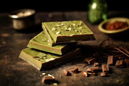 stock photo of green tea chocolate bar in kitchen table food photography Generated AIの素材