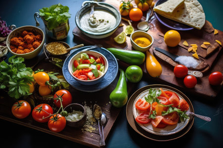 Middle Eastern cuisine kitchen table professional food photography AI Generatedの素材