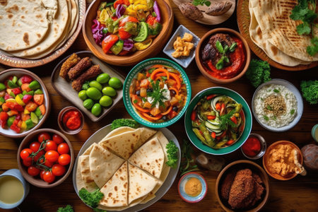 Middle Eastern cuisine kitchen table professional food photography AI Generatedの素材