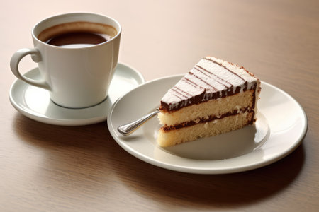 cup ccoffee with a slice cake Profesional advertising Food Photography AI Generatedの素材