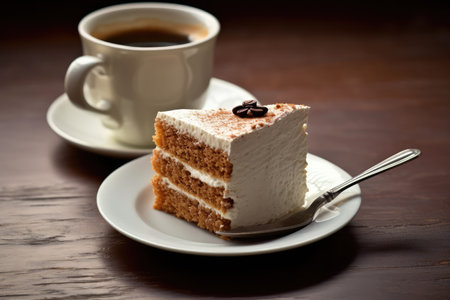 cup coffee with a slice cake Profesional advertising Food Photography AI Generatedの素材
